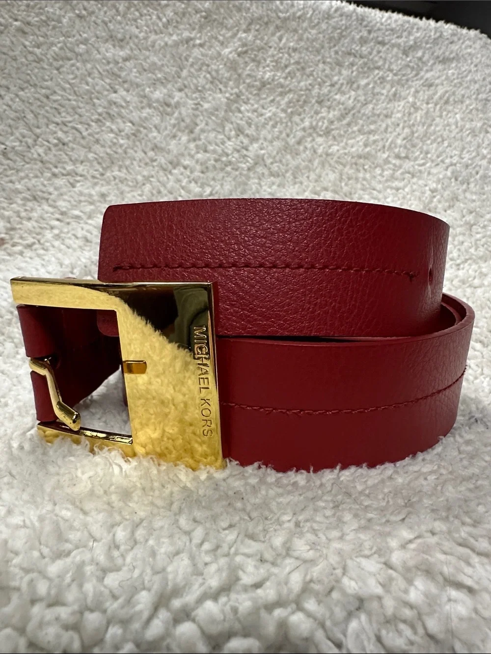 Michael Kors Wide Red Leather Belt, Gold Tone Buckle with name on front, XL, EUC